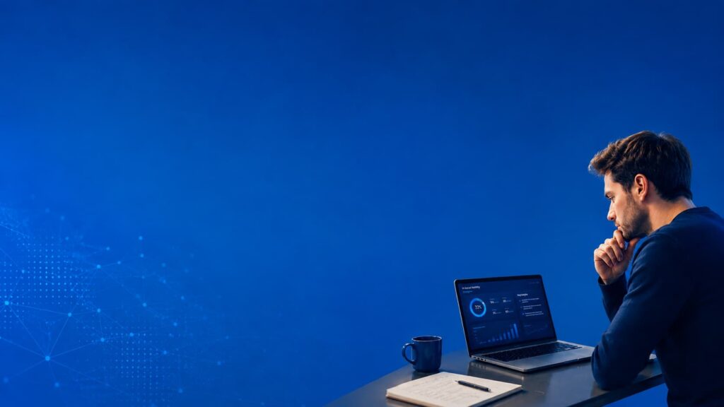 Man analyzing a brand’s visibility in artificial intelligence on a laptop against a corporate blue background.